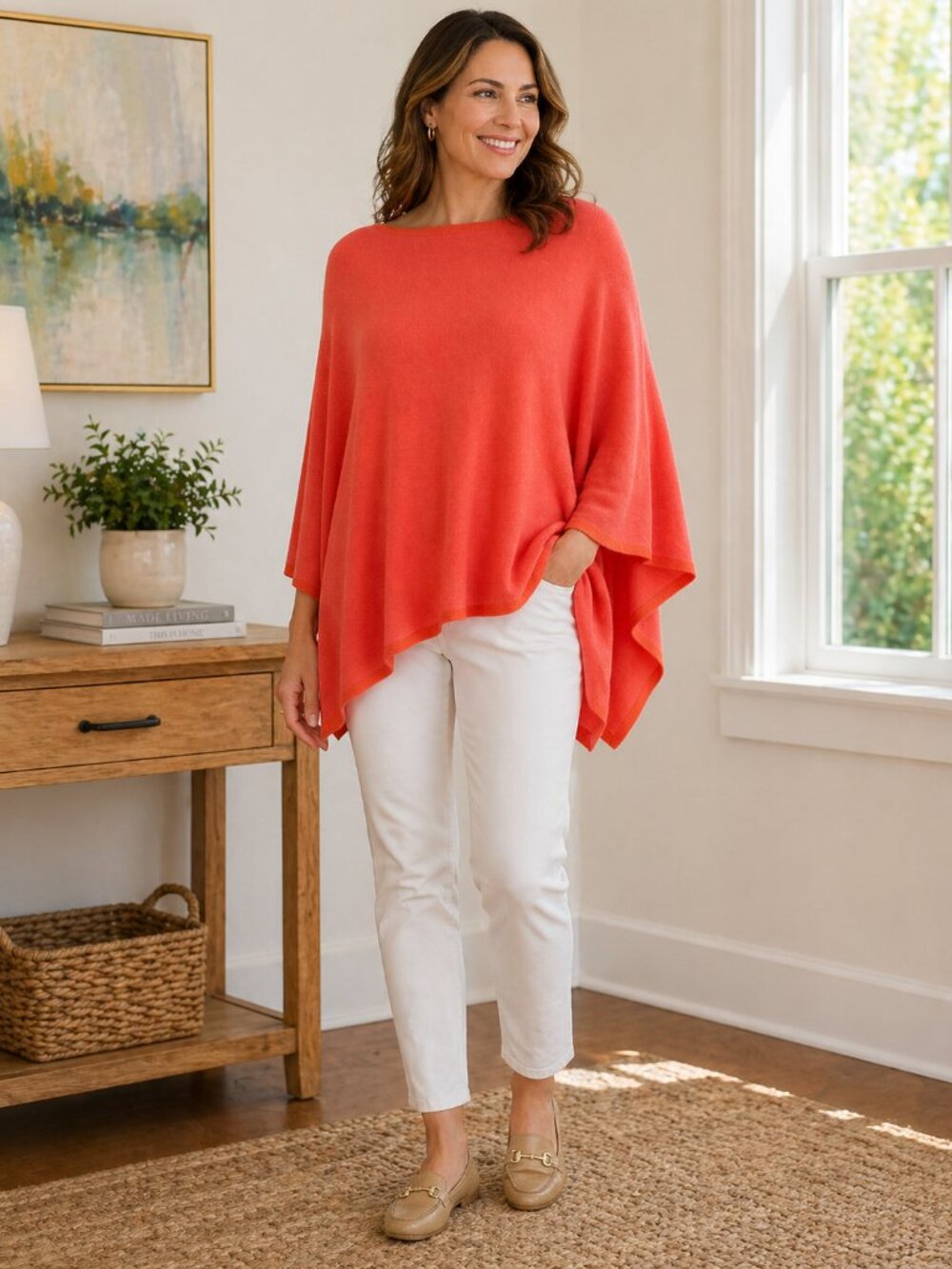 J. McLaughlin Vibrant Coral Cashmere Poncho Sweater